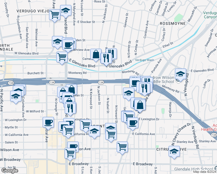 map of restaurants, bars, coffee shops, grocery stores, and more near 607 North Isabel Street in Glendale
