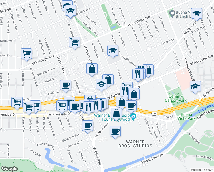 map of restaurants, bars, coffee shops, grocery stores, and more near 210 North Cordova Street in Burbank