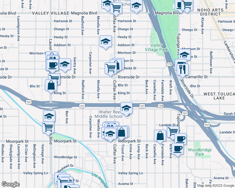 map of restaurants, bars, coffee shops, grocery stores, and more near 4630 Colfax Avenue in Los Angeles