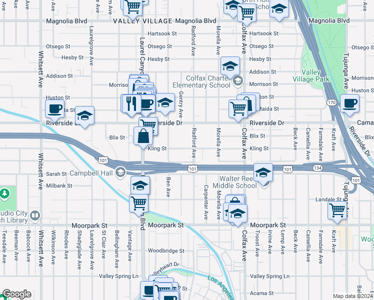 map of restaurants, bars, coffee shops, grocery stores, and more near 4640 Radford Avenue in Los Angeles
