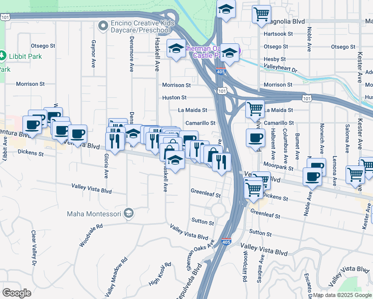 map of restaurants, bars, coffee shops, grocery stores, and more near 15531 Ventura Boulevard in Los Angeles