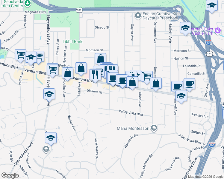 map of restaurants, bars, coffee shops, grocery stores, and more near 4604 Woodley Avenue in Los Angeles
