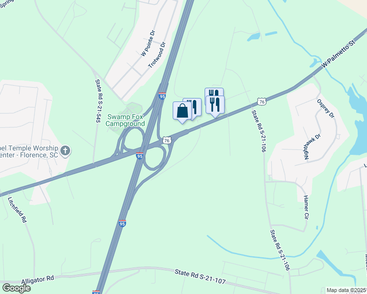 map of restaurants, bars, coffee shops, grocery stores, and more near 3821 Bancroft Road in Florence