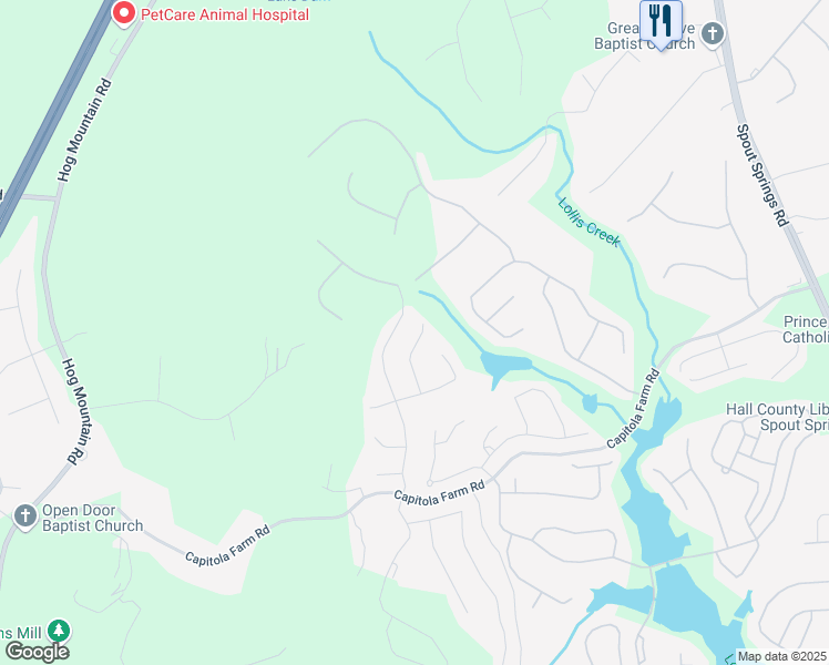 map of restaurants, bars, coffee shops, grocery stores, and more near 6959 Woodtrail Run in Flowery Branch