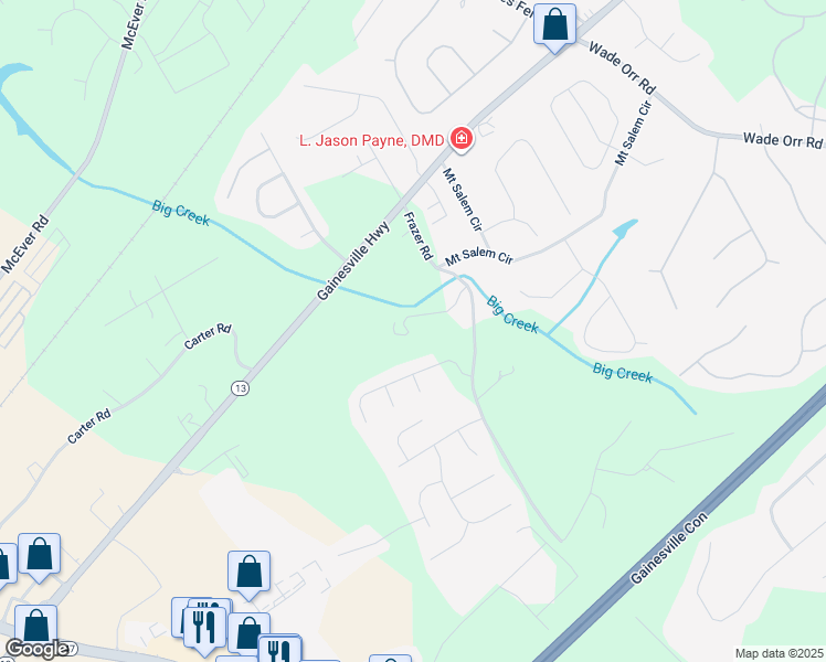 map of restaurants, bars, coffee shops, grocery stores, and more near 5388 Frazer Road in Buford