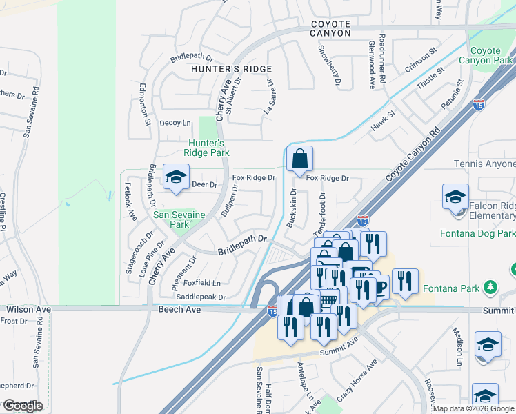 map of restaurants, bars, coffee shops, grocery stores, and more near 5418 Wagon Way in Fontana