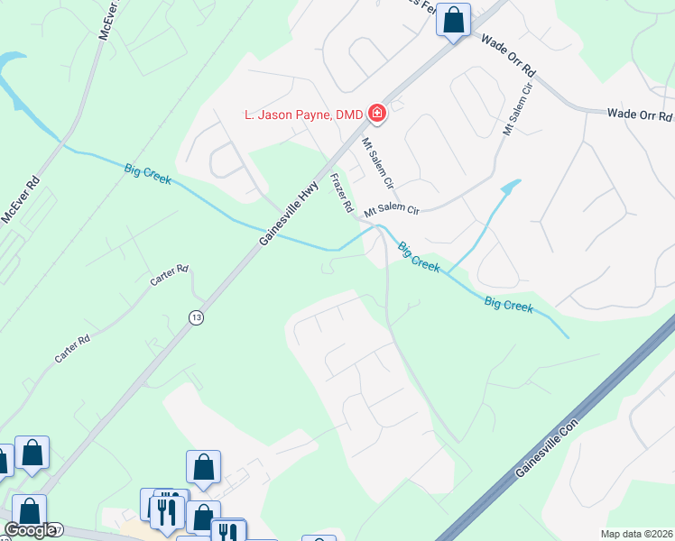 map of restaurants, bars, coffee shops, grocery stores, and more near 5388 Frazer Road in Buford