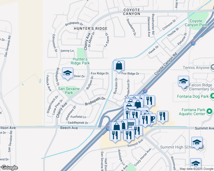 map of restaurants, bars, coffee shops, grocery stores, and more near 5418 Grand Prix Court in Fontana