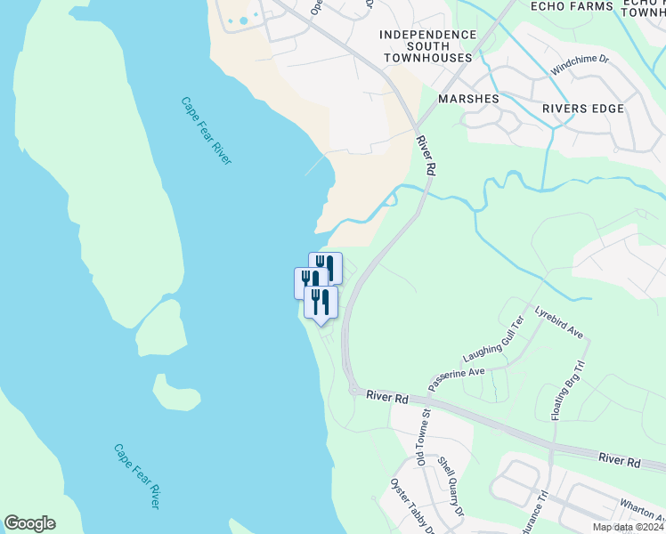 map of restaurants, bars, coffee shops, grocery stores, and more near 3610 Watercraft Ferry Avenue in Wilmington