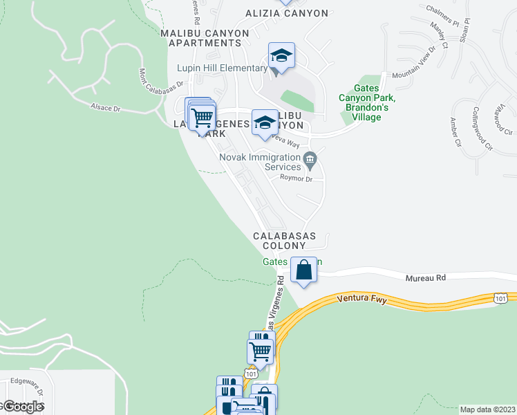 map of restaurants, bars, coffee shops, grocery stores, and more near 26353 West Plata Lane in Calabasas