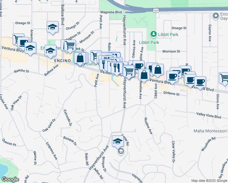 map of restaurants, bars, coffee shops, grocery stores, and more near 4614 Rubio Avenue in Los Angeles