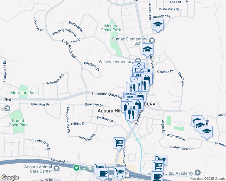 map of restaurants, bars, coffee shops, grocery stores, and more near 5728 Skyview Way in Agoura Hills