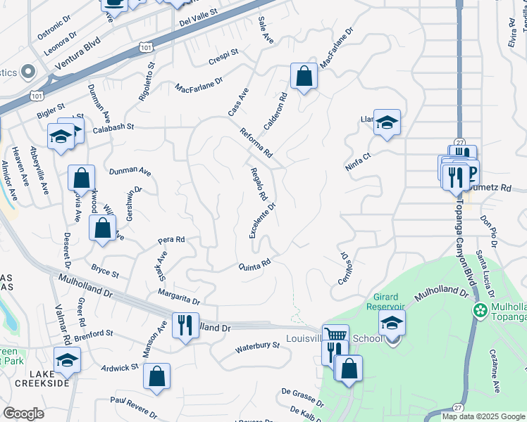 map of restaurants, bars, coffee shops, grocery stores, and more near 4793 Excelente Drive in Los Angeles