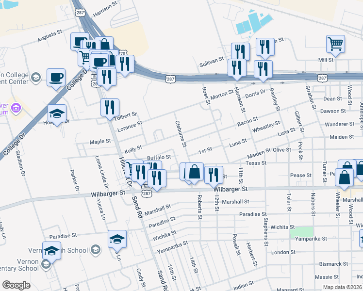 map of restaurants, bars, coffee shops, grocery stores, and more near 1330 Cleburne Street in Vernon