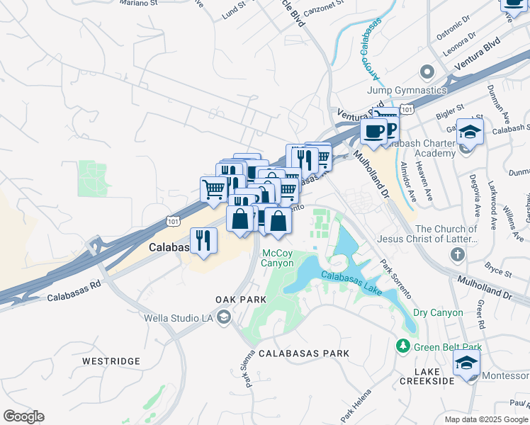 map of restaurants, bars, coffee shops, grocery stores, and more near 4774 Park Granada in Calabasas