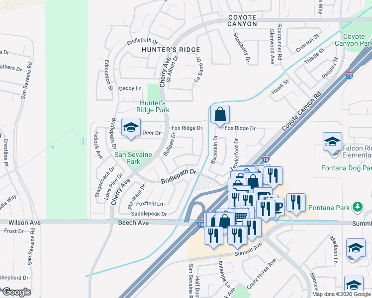 map of restaurants, bars, coffee shops, grocery stores, and more near 14869 Pony Court in Fontana
