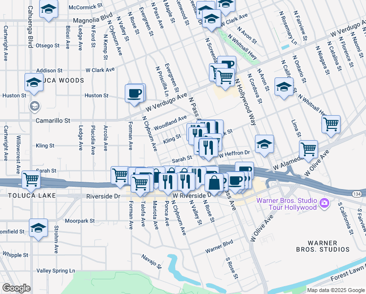 map of restaurants, bars, coffee shops, grocery stores, and more near 4251 West Sarah Street in Burbank
