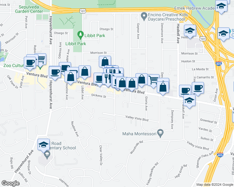 map of restaurants, bars, coffee shops, grocery stores, and more near 4604 Woodley Avenue in Los Angeles