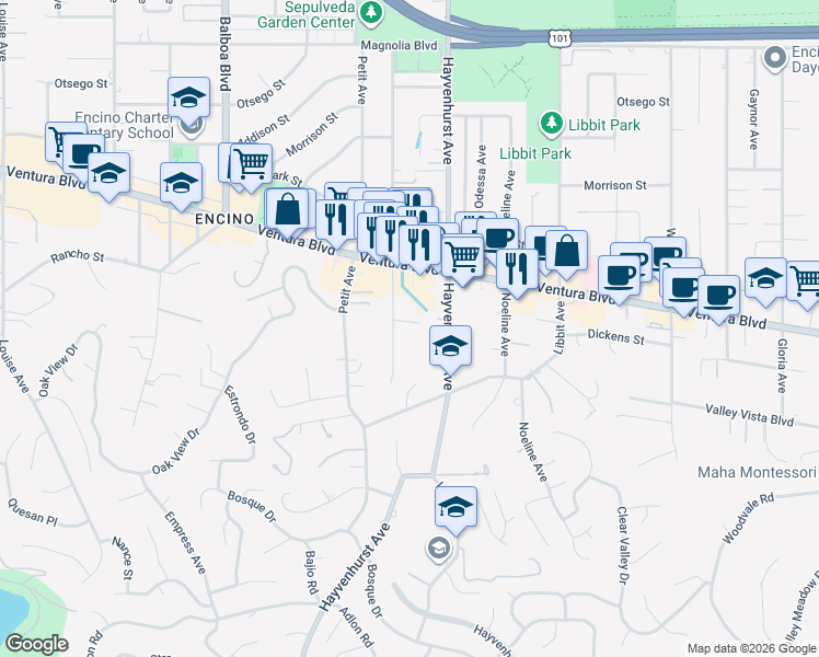 map of restaurants, bars, coffee shops, grocery stores, and more near 4614 Rubio Avenue in Los Angeles