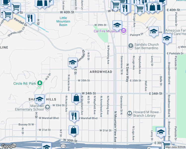 map of restaurants, bars, coffee shops, grocery stores, and more near 3560 North Mayfield Avenue in San Bernardino