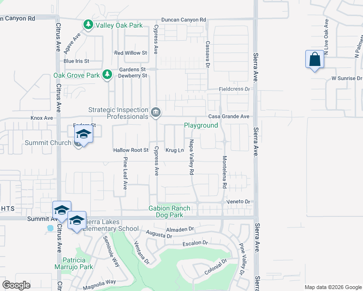 map of restaurants, bars, coffee shops, grocery stores, and more near 5418 Heitz Way in Fontana