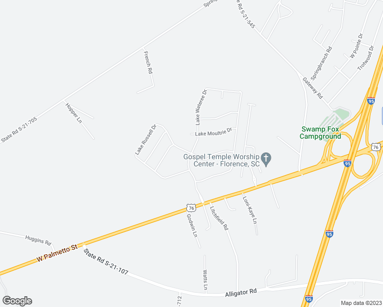 map of restaurants, bars, coffee shops, grocery stores, and more near 4101 Lake Russell Drive in Florence
