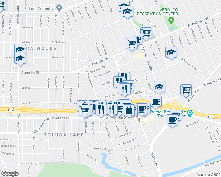 map of restaurants, bars, coffee shops, grocery stores, and more near 4251 West Sarah Street in Burbank