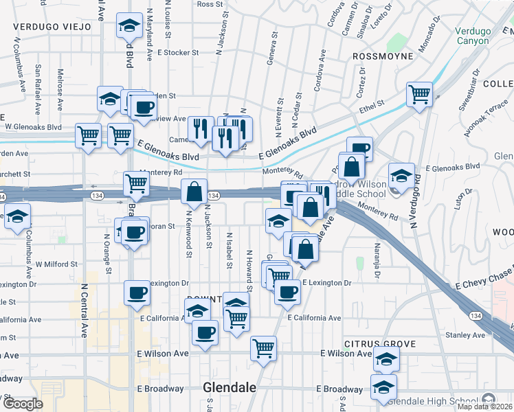 map of restaurants, bars, coffee shops, grocery stores, and more near 630 Geneva Street in Glendale