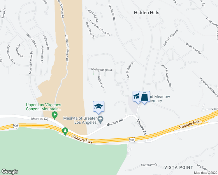 map of restaurants, bars, coffee shops, grocery stores, and more near 25200 Walker Road in Hidden Hills