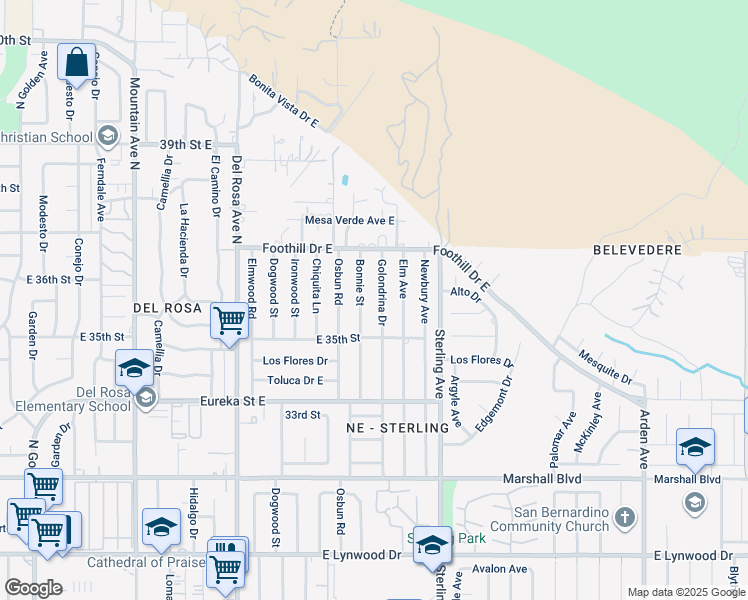 map of restaurants, bars, coffee shops, grocery stores, and more near 5402 Golondrina Drive in San Bernardino