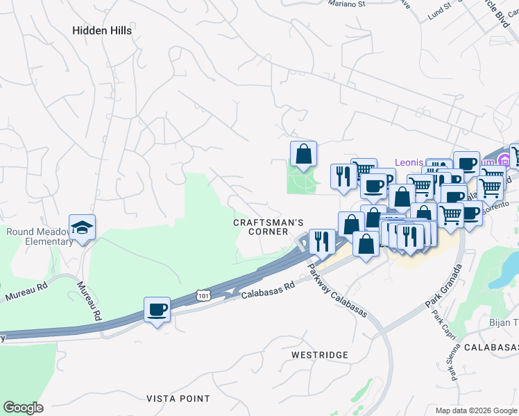 map of restaurants, bars, coffee shops, grocery stores, and more near 5092 Parkway Calabasas in Calabasas