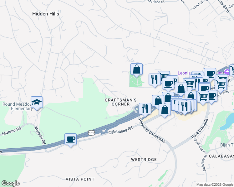 map of restaurants, bars, coffee shops, grocery stores, and more near 5092 Parkway Calabasas in Calabasas