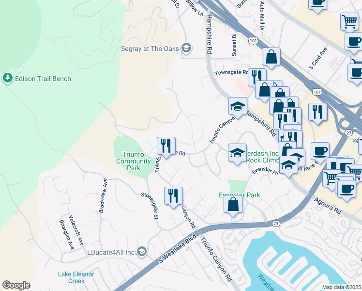 map of restaurants, bars, coffee shops, grocery stores, and more near 2058 Lindengrove Street in Westlake Village