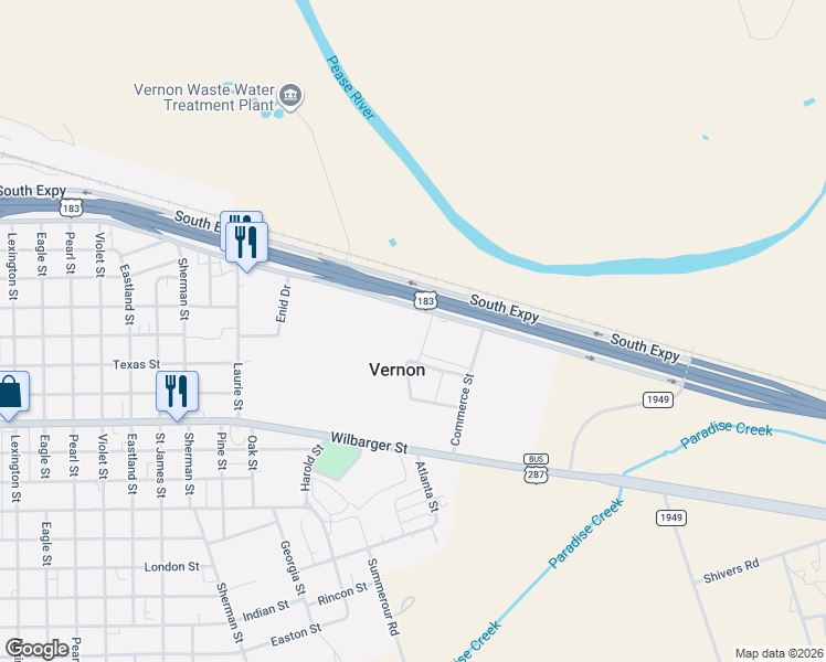map of restaurants, bars, coffee shops, grocery stores, and more near South Expressway in Vernon