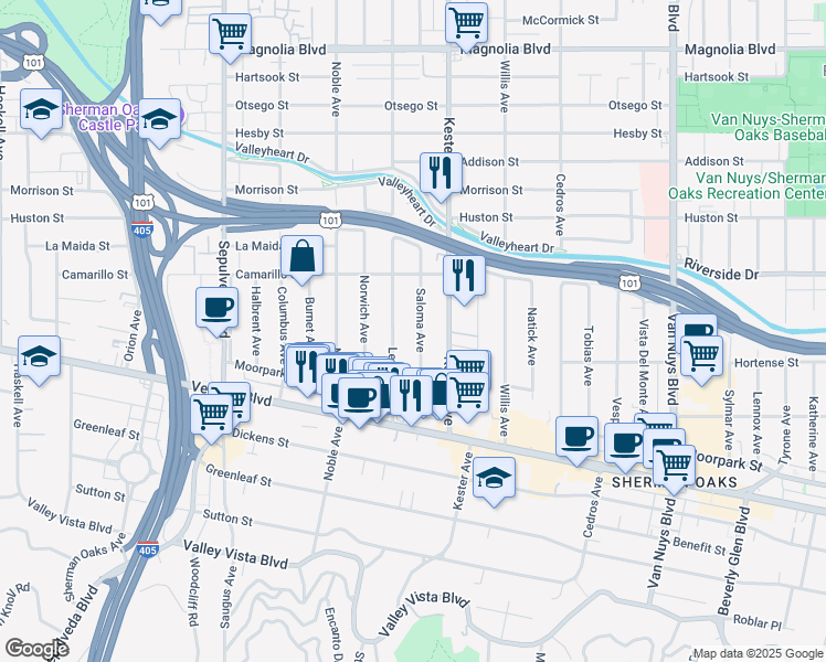 map of restaurants, bars, coffee shops, grocery stores, and more near 4703 Saloma Avenue in Los Angeles