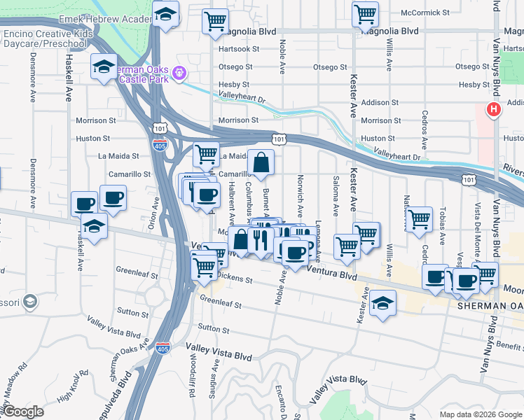 map of restaurants, bars, coffee shops, grocery stores, and more near 4701 Burnet Avenue in Los Angeles