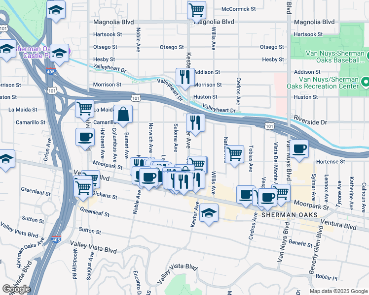 map of restaurants, bars, coffee shops, grocery stores, and more near 4705 Kester Avenue in Los Angeles