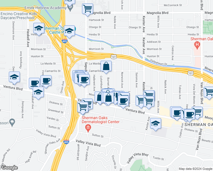 map of restaurants, bars, coffee shops, grocery stores, and more near 4701 Burnet Avenue in Los Angeles