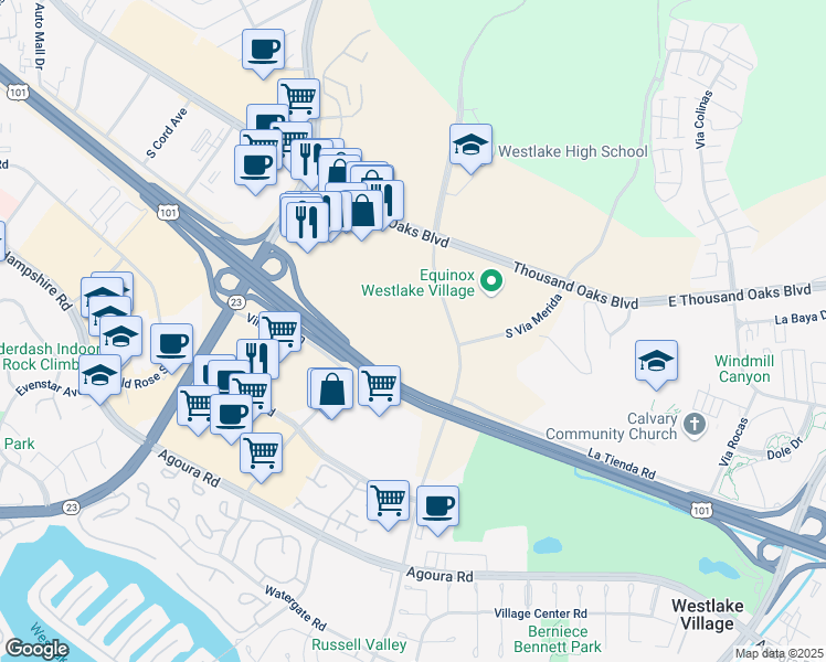 map of restaurants, bars, coffee shops, grocery stores, and more near 1 Baxter Way in Westlake Village