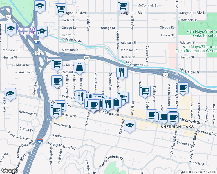 map of restaurants, bars, coffee shops, grocery stores, and more near 4703 Saloma Avenue in Los Angeles