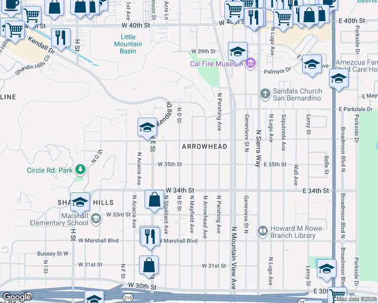 map of restaurants, bars, coffee shops, grocery stores, and more near 3560 North Mayfield Avenue in San Bernardino