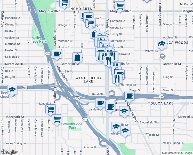 map of restaurants, bars, coffee shops, grocery stores, and more near 11043 Kling Street in Los Angeles