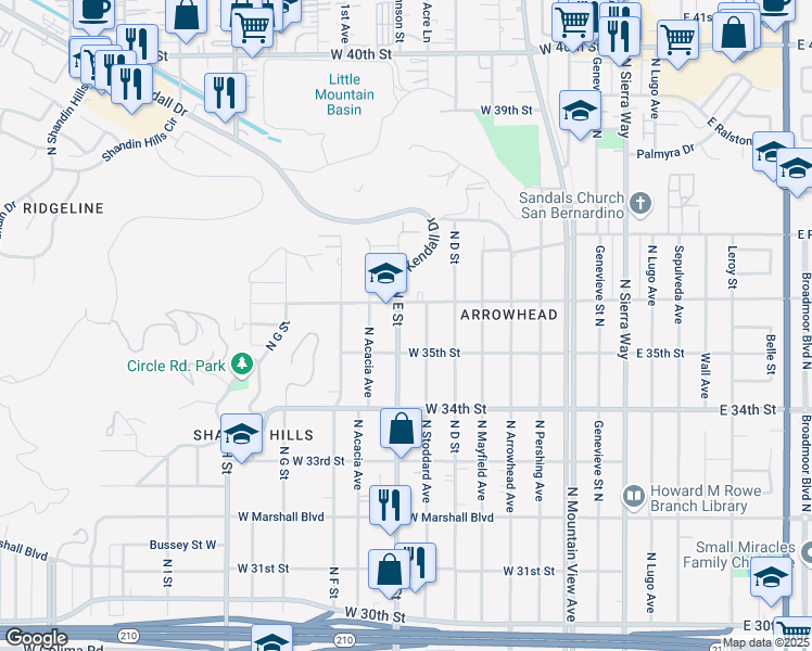 map of restaurants, bars, coffee shops, grocery stores, and more near 3553 North E Street in San Bernardino