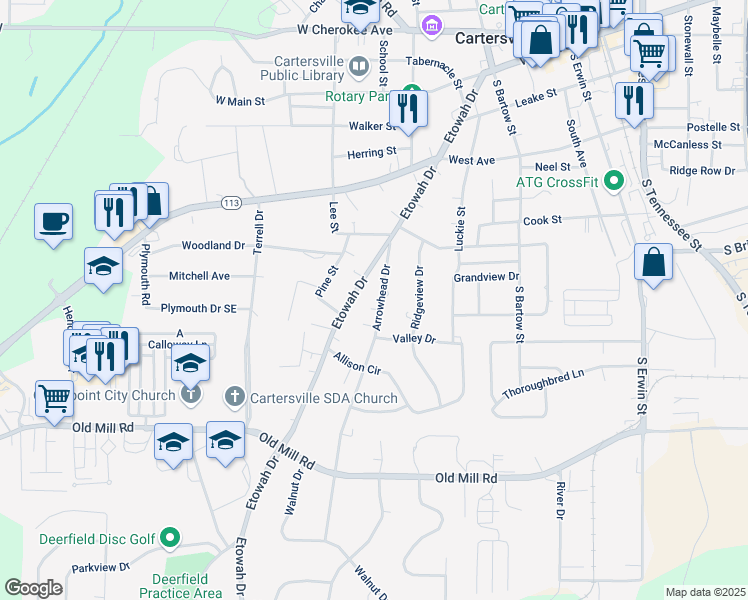 map of restaurants, bars, coffee shops, grocery stores, and more near 168 Etowah Drive in Cartersville