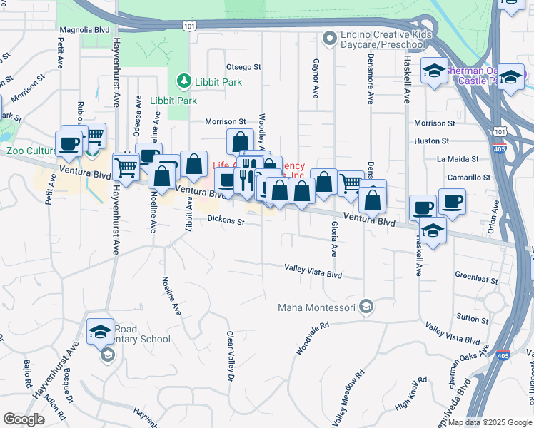 map of restaurants, bars, coffee shops, grocery stores, and more near 4630 Woodley Avenue in Los Angeles