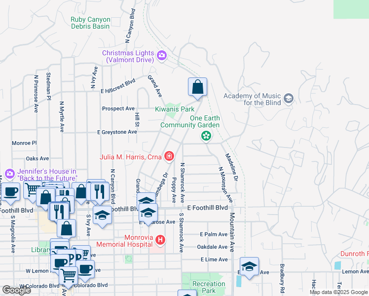 map of restaurants, bars, coffee shops, grocery stores, and more near 300 Norumbega Drive in Monrovia