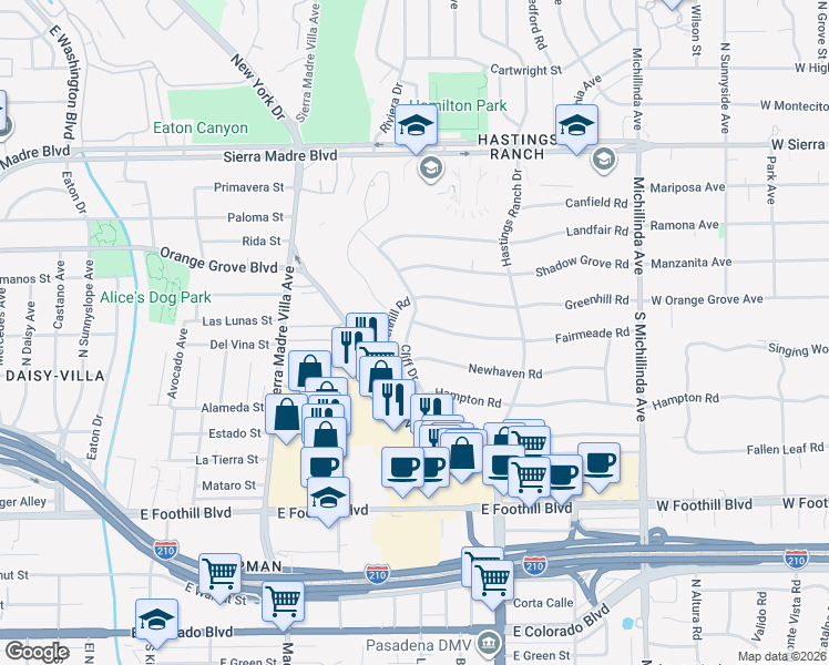 map of restaurants, bars, coffee shops, grocery stores, and more near 575 Cliff Drive in Pasadena