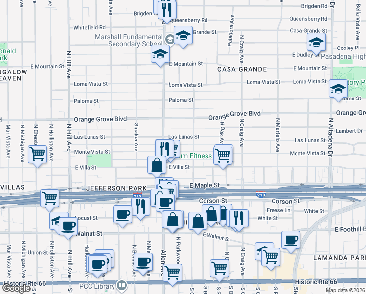 map of restaurants, bars, coffee shops, grocery stores, and more near 1890 Las Lunas Street in Pasadena