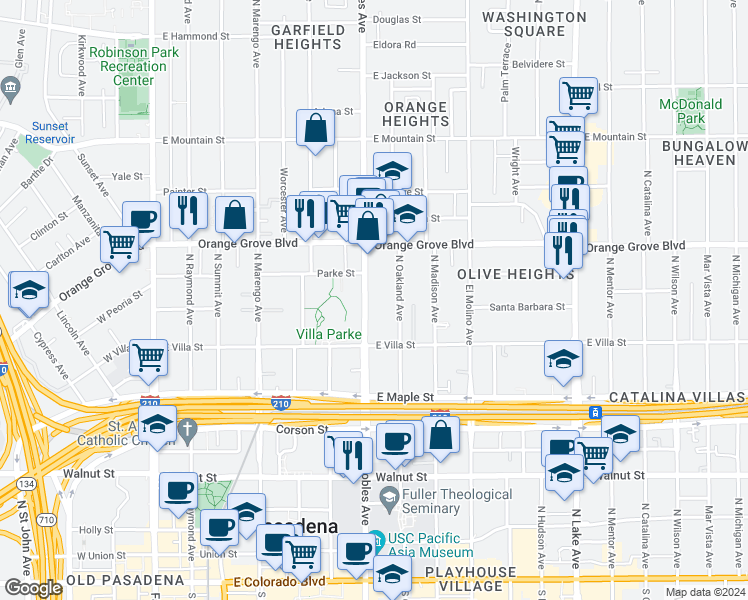 map of restaurants, bars, coffee shops, grocery stores, and more near 620 North Los Robles Avenue in Pasadena