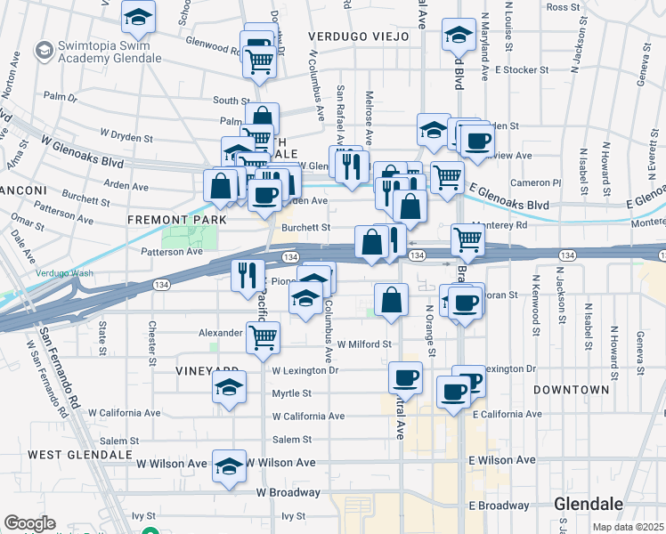map of restaurants, bars, coffee shops, grocery stores, and more near 707 North Columbus Avenue in Glendale